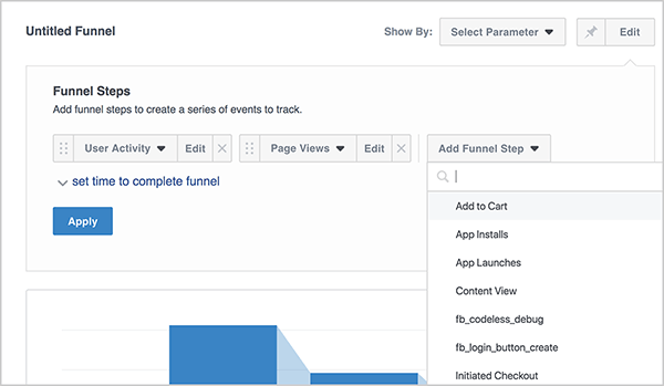Andrew Foxwell explică cum să creați o pâlnie personalizată în Facebook Analytics. În zona Pașii pâlniei, utilizați un meniu derulant cu opțiuni pe care le puteți alege, cum ar fi Adăugați în coș, Instalări de aplicații, Vizualizare conținut etc. De fiecare dată când selectați o opțiune, apare un nou meniu derulant în dreapta, unde puteți selecta următorul pas în pâlnia dvs. personalizată. Sub secvența meniurilor derulante este un buton albastru Aplicare. O previzualizare a graficului albastru al pâlniei apare pe măsură ce îl construiți.