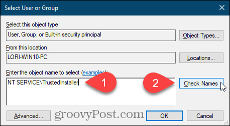 Introduceți numele de utilizator și faceți clic pe Verificare nume pentru o cheie de registru Windows