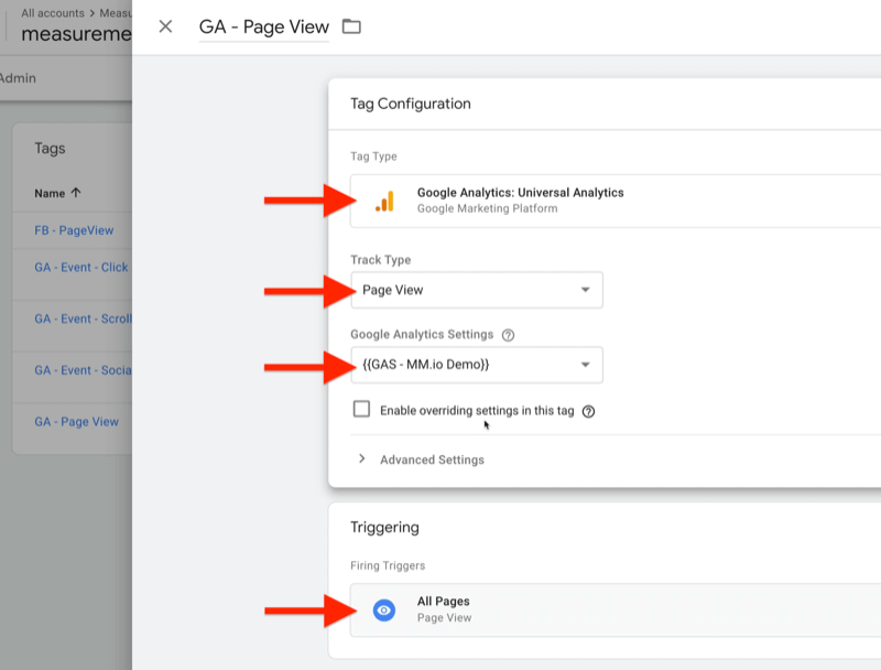 exemplu configurația etichetei Google Tag Manager numită ga - vizualizare pagină cu tipul etichetei setat la Google Analytics: universal analize, tip de urmărire ca vizualizare pagină, setări Google Analytics ca {{gas - mm.io demo}}, cu declanșatoare de declanșare setate la toate pagini