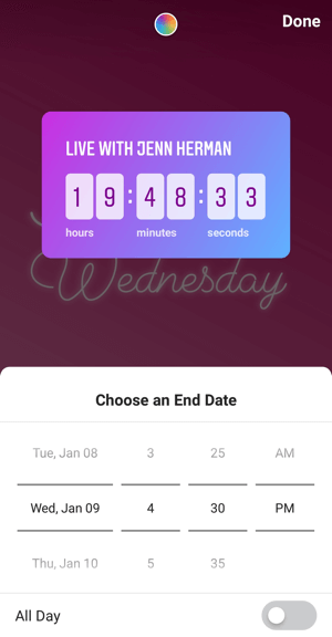 Cum se folosește autocolantul Instagram Countdown pentru afaceri, pasul 4, ora de încheiere a numărătoare inversă.