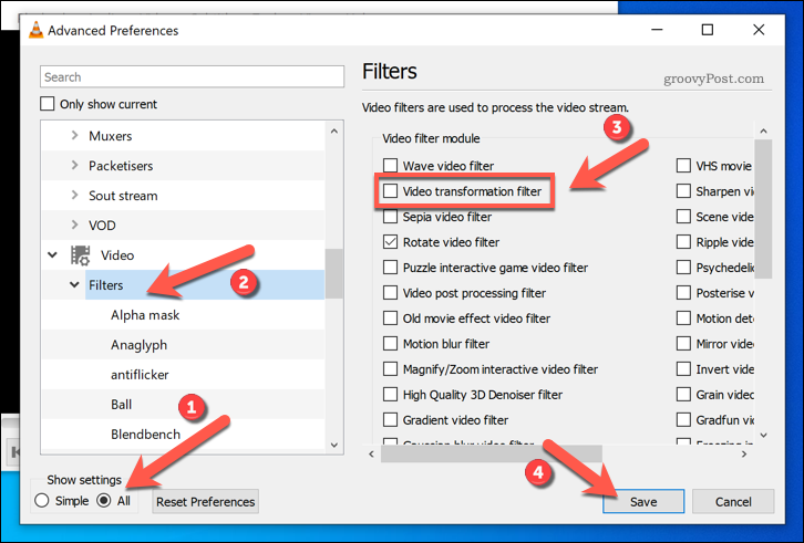 Activarea filtrelor de transformare video în VLC pe Windows