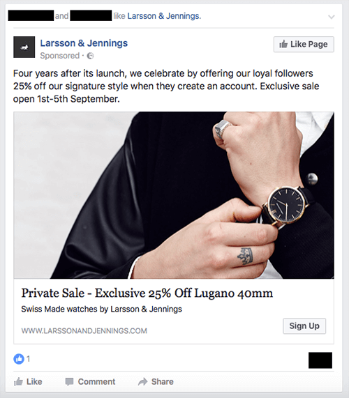 Anunț pentru o vânzare exclusivă de la marca de ceasuri Larsson & Jennings.