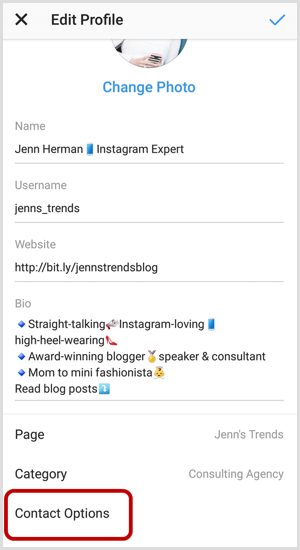 Opțiuni de contact pe ecranul Instagram Edit Profile