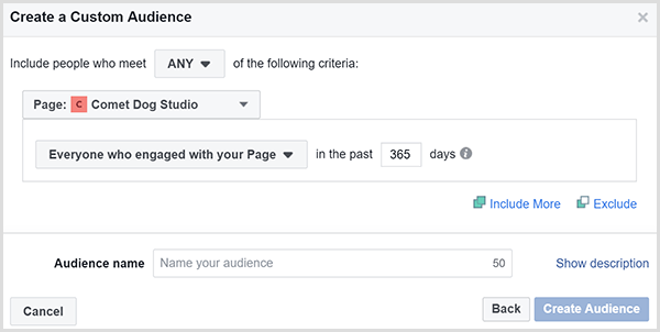 Caseta de dialog Facebook Create a Custom Audience vă permite să direcționați anunțuri către persoanele care s-au angajat cu site-ul dvs. într-un anumit interval de timp.