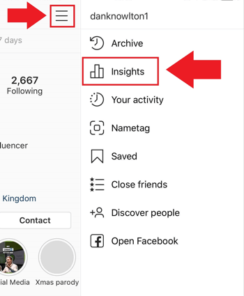 Strategia de marketing social media; Captură de ecran de unde să accesați Instagram Insights din aplicația Instagram.