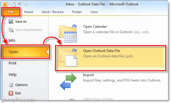 deschideți folderul care conține fișierul arhivă pst din Outlook 2010