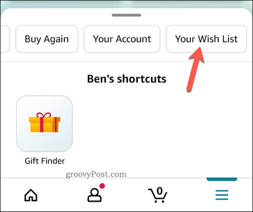 Deschiderea meniului listei de dorințe în aplicația Amazon