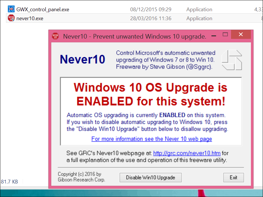 Opriți Windows 10 Upgrade cu Never 10 sau cu GWX App Itself