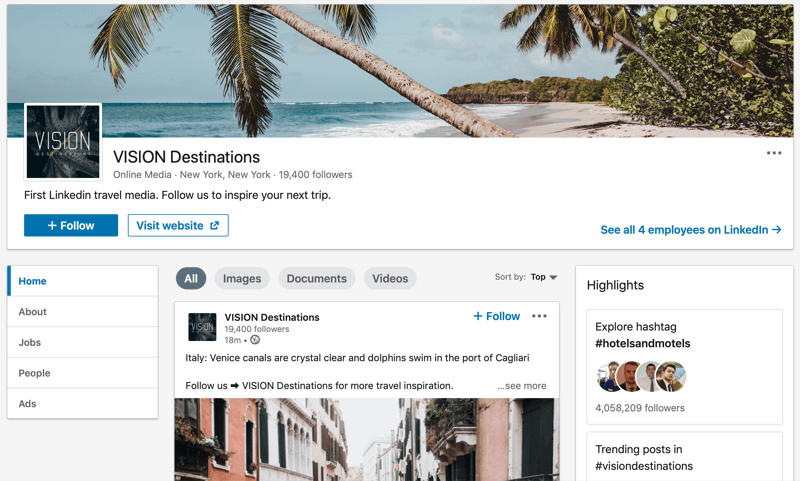 Pagina companiei LinkedIn pentru VISION Destinations