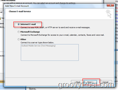 Creați un nou cont de poștă în Outlook 2007:: Butonul Radio de e-mail pe Internet