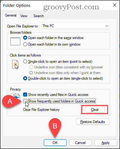 Dezactivați Afișați folderele utilizate frecvent în Acces rapid