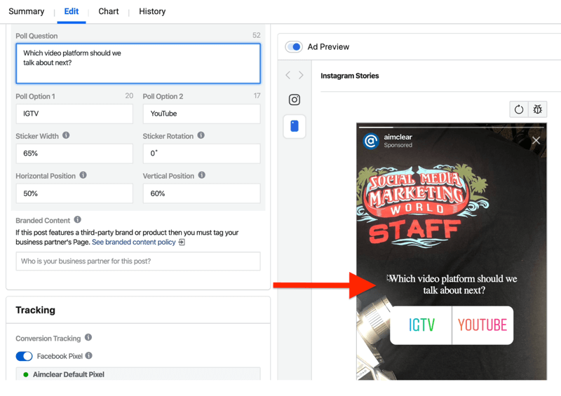 câmpuri pentru a configura sondajul publicitar Instagram Stories în Ads Manager