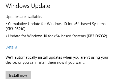 Actualizări pentru Windows 10 KB3105210 KB3106932