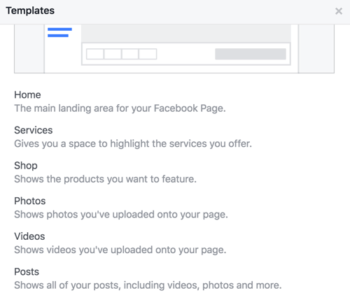 Obțineți detalii în filele pentru șablonul paginii dvs. de Facebook.
