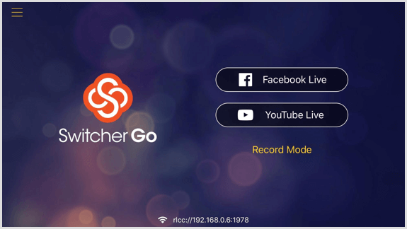 Ecranul Switcher Go unde vă puteți conecta conturile Facebook și YouTube