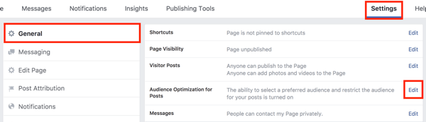 În setările paginii dvs. de Facebook, faceți clic pe butonul Editați din dreapta opțiunii Optimizarea publicului pentru postări.