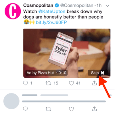 Exemplu de anunț video Twitter cu opțiunea de a sări peste anunț după 6 secunde.