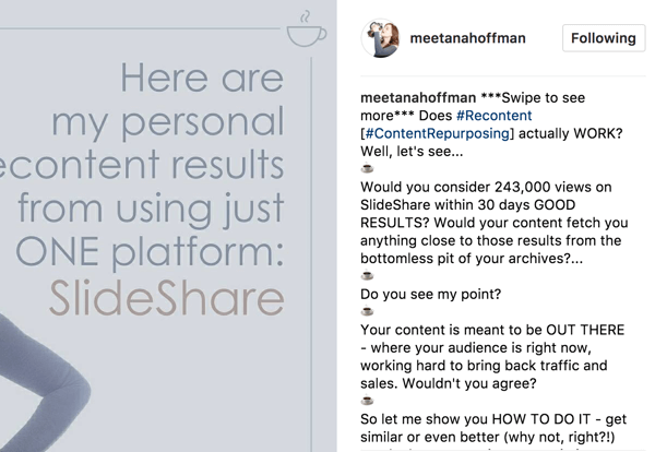 În legenda pentru albumul dvs. Instagram, includeți o declarație pentru a glisa pentru a vedea mai multe, astfel încât publicul dvs. să nu rateze.