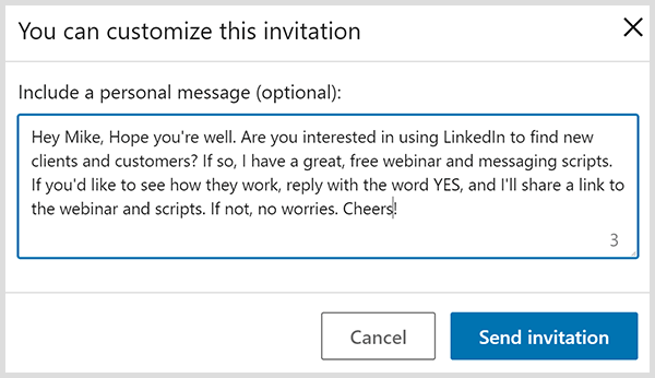 Invitația de conectare LinkedIn cu un mesaj personal se bazează pe cele patru sugestii ale lui John Nemo.