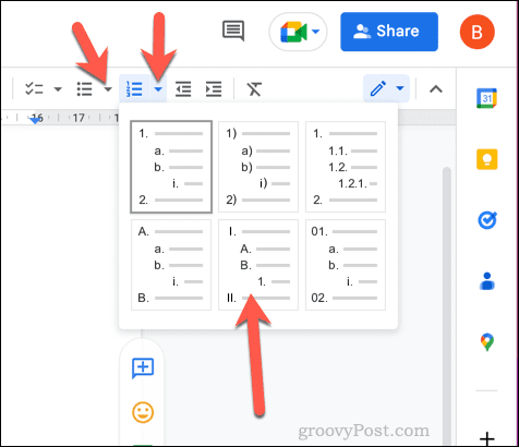 Alegerea unor noi opțiuni de formatare a listei în Google Docs