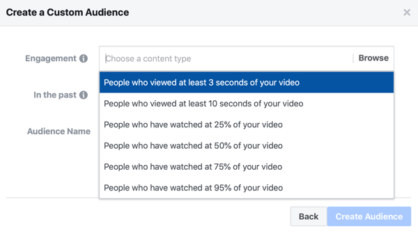 Opțiunea de a crea un public personalizat publicitar pe Facebook al persoanelor care au vizionat o parte din videoclipul dvs.