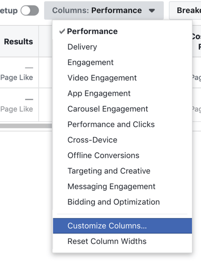 Opțiunea Facebook Ads Manager Customize Coloane