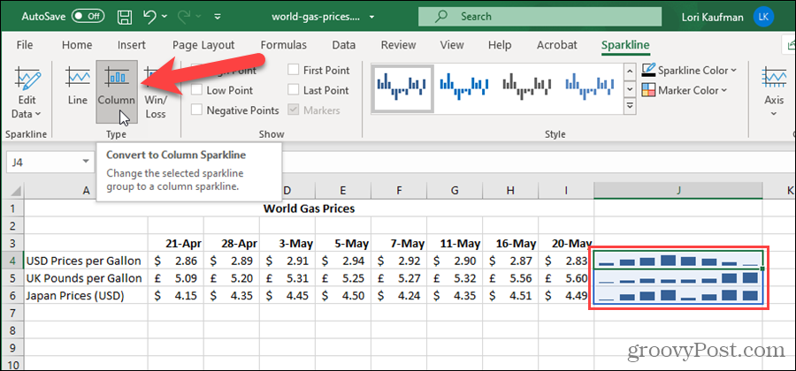 Schimbați tipul Sparkline în Excel