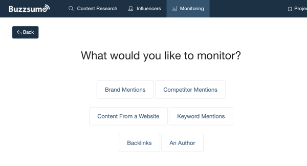 Opțiuni pentru ceea ce puteți monitoriza prin BuzzSumo.