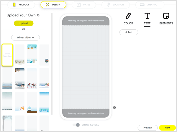 Pentru a vă proiecta filtrul, încărcați opera de artă sau creați lucrări de artă folosind instrumentele Snapchat.