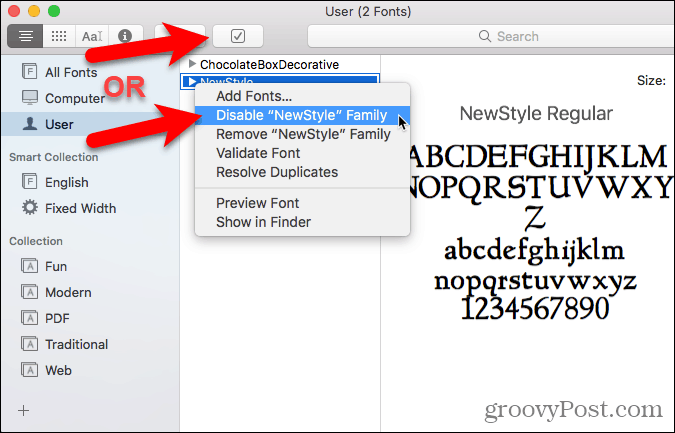 Dezactivați fontul în Font Book