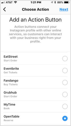 Instagram Adăugați un ecran de buton de acțiune pentru servicii terțe