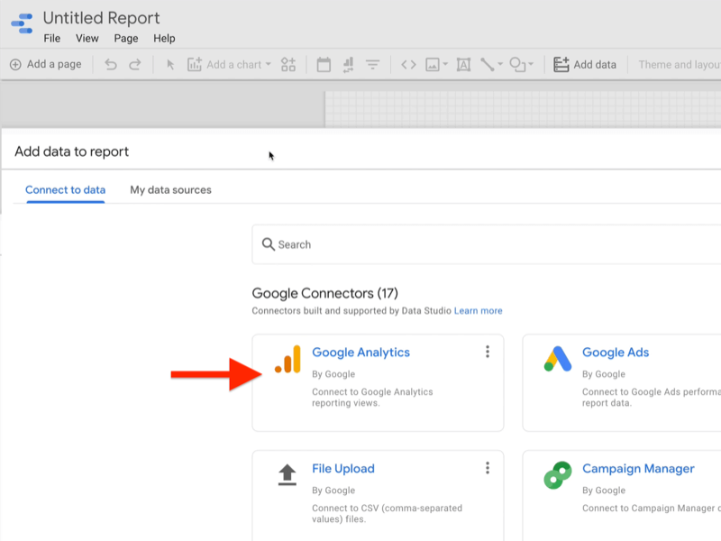 exemplu creați Google Data Studio raport gol adăugați date la meniul raport Conectați-vă la fila de date care prezintă conectorii Google cu conectorul Google Analytics de către Google evidențiat
