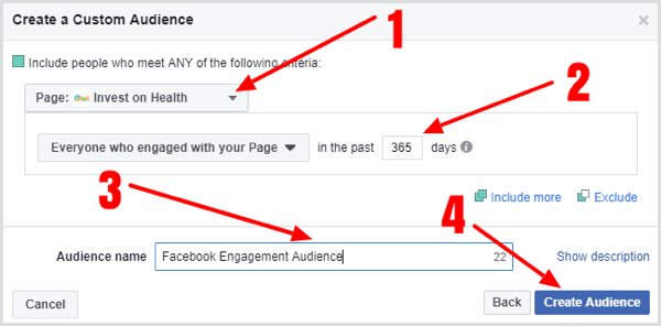 Completați detaliile pentru a crea publicul personalizat de implicare a paginii dvs. Facebook.