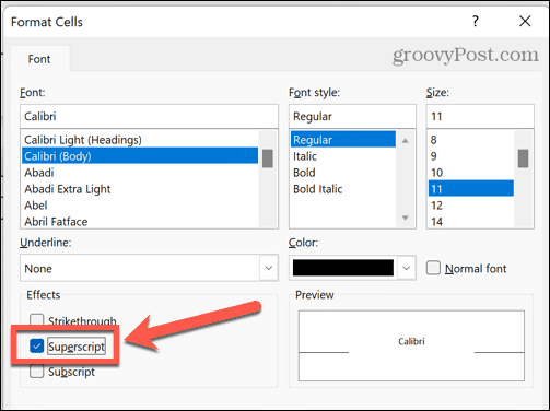 text superscript excel