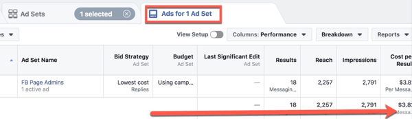 Vedeți valorile privind performanța anunțurilor Facebook în Facebook Ads Manager.