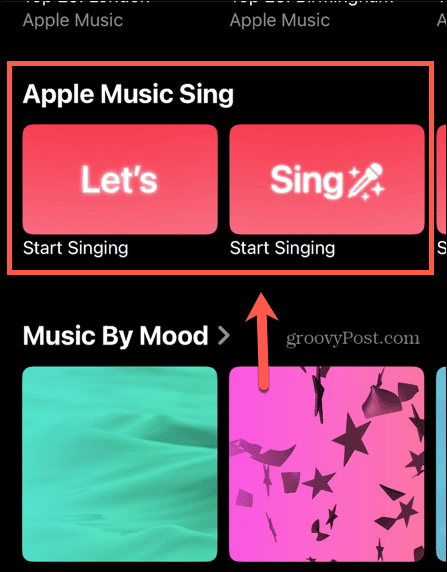 secțiunea Apple Music Sing