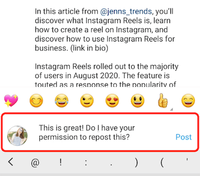 instagram post exemplu comentariu răspuns complimentând și solicitând permisiunea de a repostări conținutul