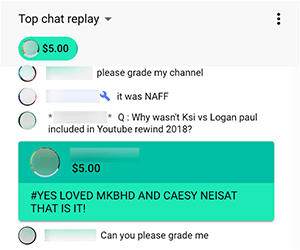 Aceasta este o captură de ecran a unui Super Chat de la Nimmin Live, un spectacol live pe YouTube găzduit de Nick Nimmin și fratele său Dee Nimmin. Spectatorul a dat 5,00 USD și a comentat „#Yes Loved MKBHD și Caesy Neisat asta este!”