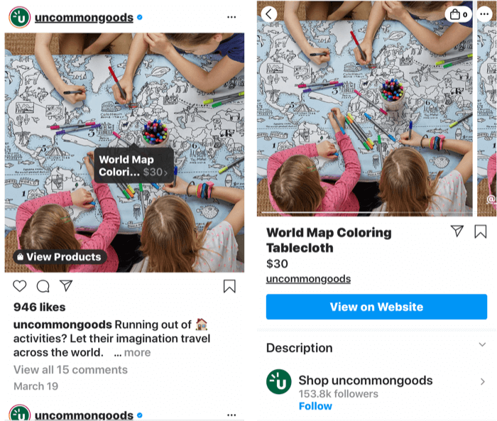 capturi de ecran care afișează o etichetă instagram adăugată la o postare de produs cumpărabilă, precum și pagina de magazin a produsului, odată selectată o etichetă de postare