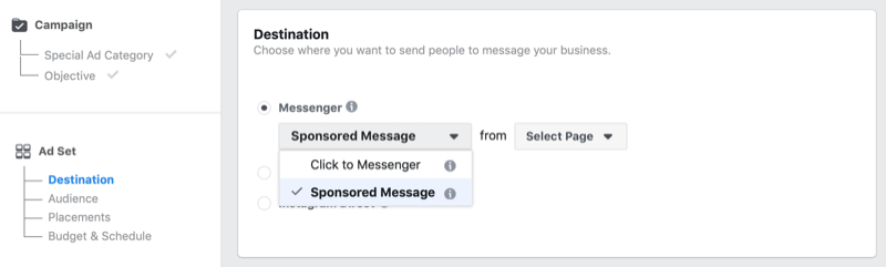 Opțiunea Mesaj sponsorizat Facebook în Facebook Ads Manager