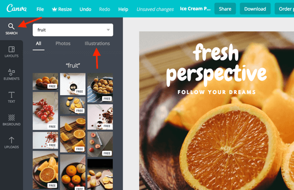 Utilizați bara de căutare pentru a găsi fotografii și ilustrații chiar în tabloul de bord Canva.
