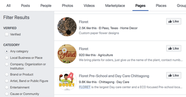 Rezultatele căutării paginilor Facebook pentru Floret.