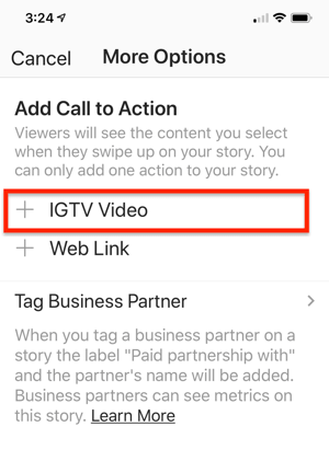 Opțiunea de a selecta un link video IGTV pentru a-l adăuga la povestea dvs. Instagram.