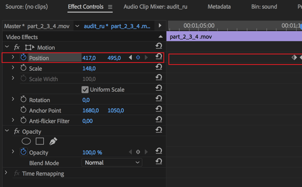 Setare pentru a regla poziția centrală pentru fiecare cadru din secvența dvs. în Adobe Premier Pro.