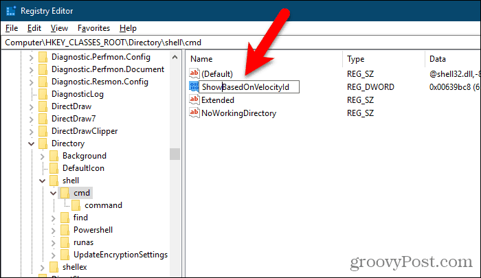Redenumirea valorii HideBasedOnVelocityId în ShowBasedOnVelocityId în Editorul Registrului Windows