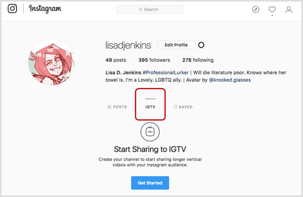 Fila IGTV pe profilul Instagram.