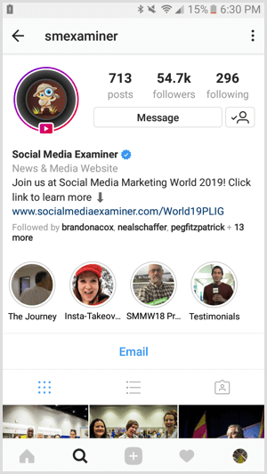 Exemplu de profil de afaceri Instagram