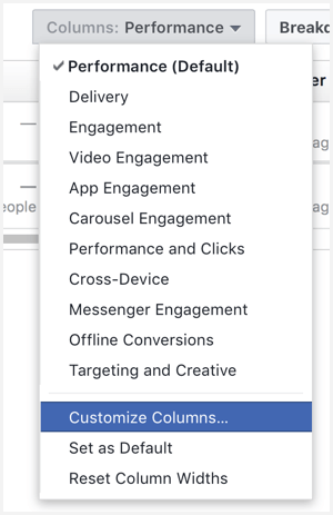 Managerul de anunțuri Facebook personalizează coloanele