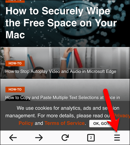 Atingeți butonul meniu Firefox din Firefox pentru iOS