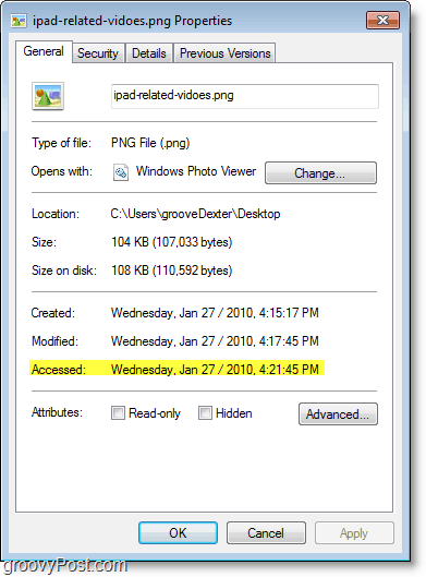 Captura de ecran de Windows 7 - data accesată nefiind actualizată foarte bine